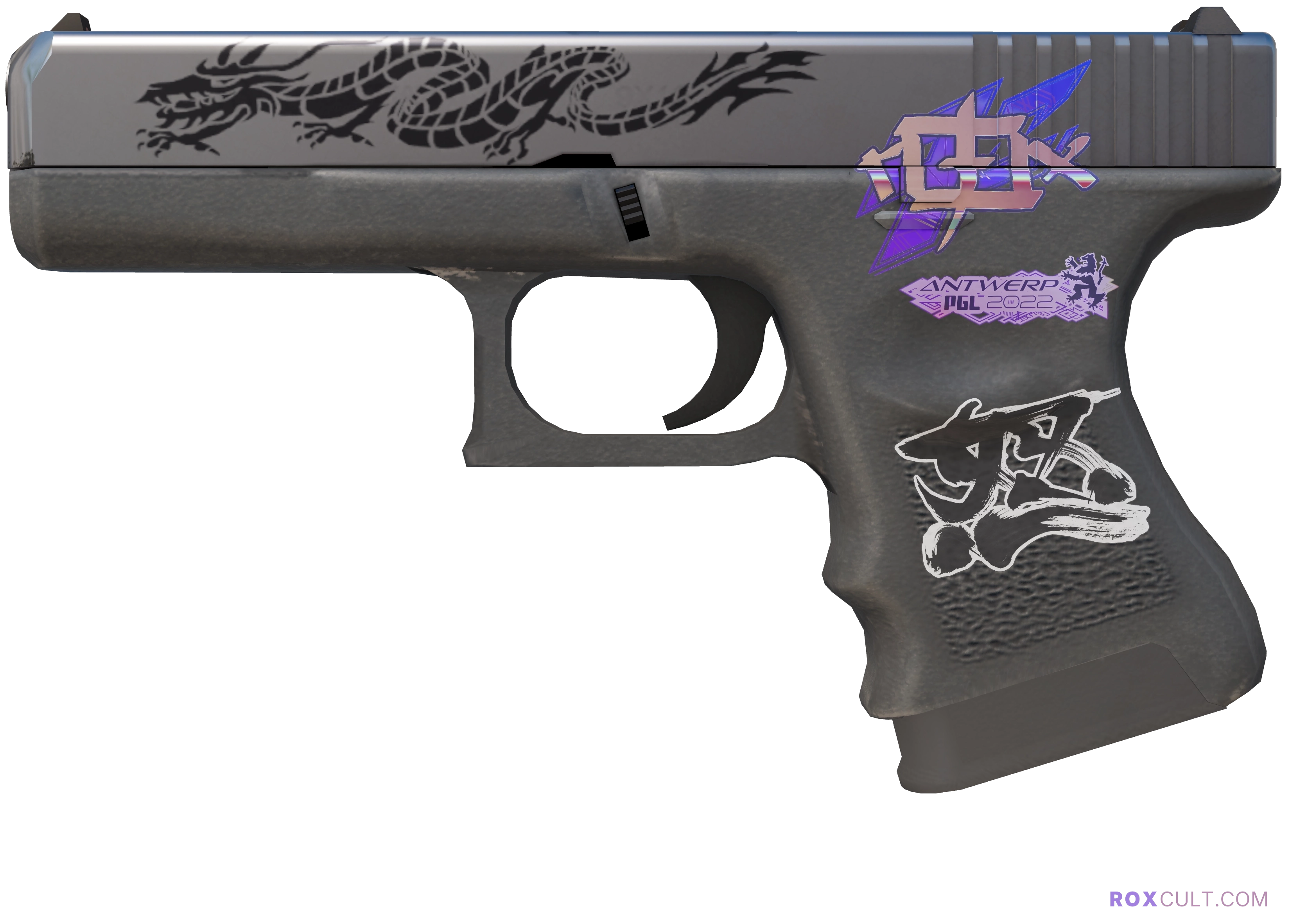 Glock-18 | Dragon Tattoo (Factory New) — rox (Holo) Antwerp 2022 craft, playside view with 1 rox (Holo) sticker