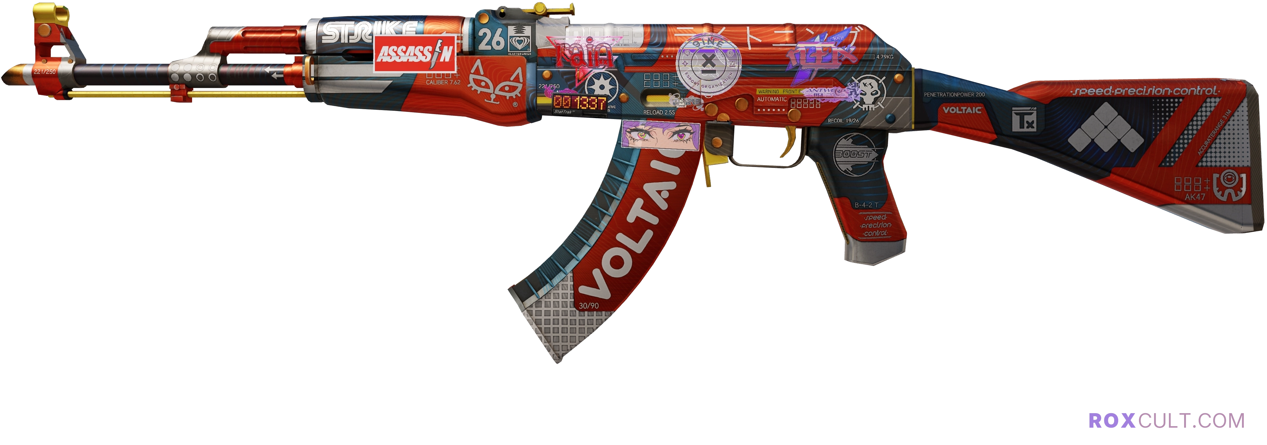 StatTrak™ AK-47 | Bloodsport (Factory New) — rox (Holo) Antwerp 2022 craft, playside view with 1 rox (Holo) sticker