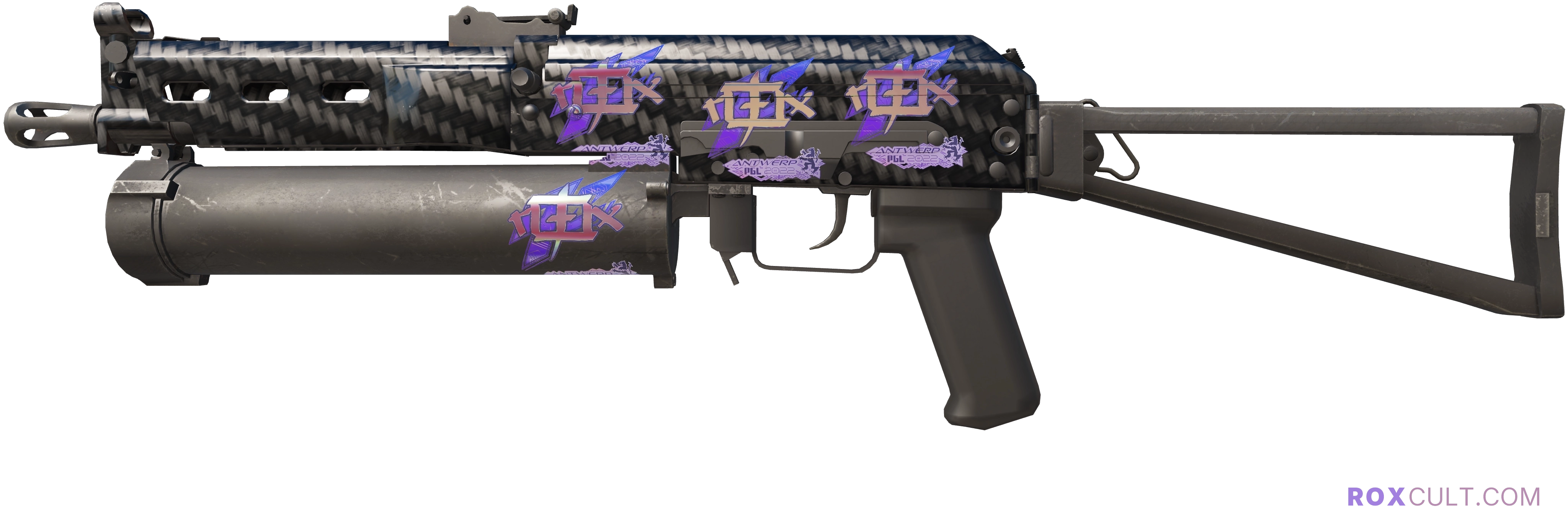 Souvenir PP-Bizon | Carbon Fiber (Factory New) — rox (Holo) Antwerp 2022 craft, playside view with 4 rox (Holo) stickers