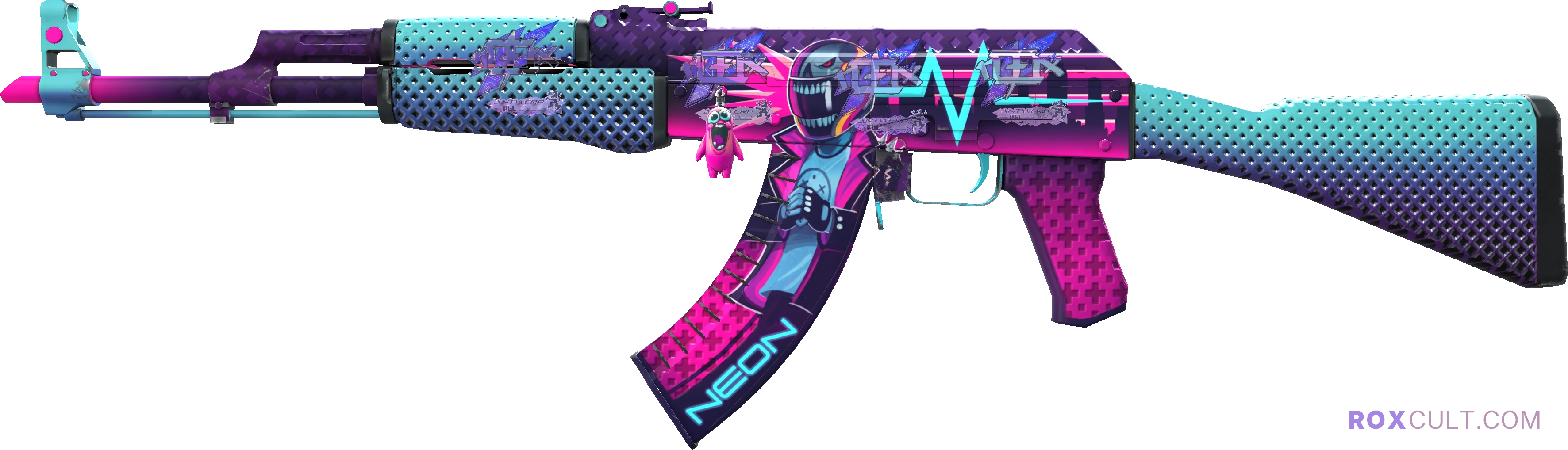 AK-47 | Neon Rider (Factory New) — rox (Holo) Antwerp 2022 craft, playside view with 4 rox (Holo) stickers