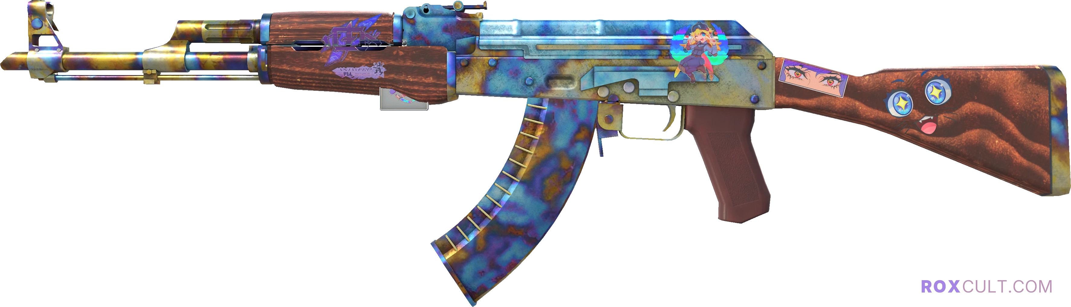 AK-47 | Case Hardened (Field-Tested) — rox (Holo) Antwerp 2022 craft, playside view with 1 rox (Holo) sticker