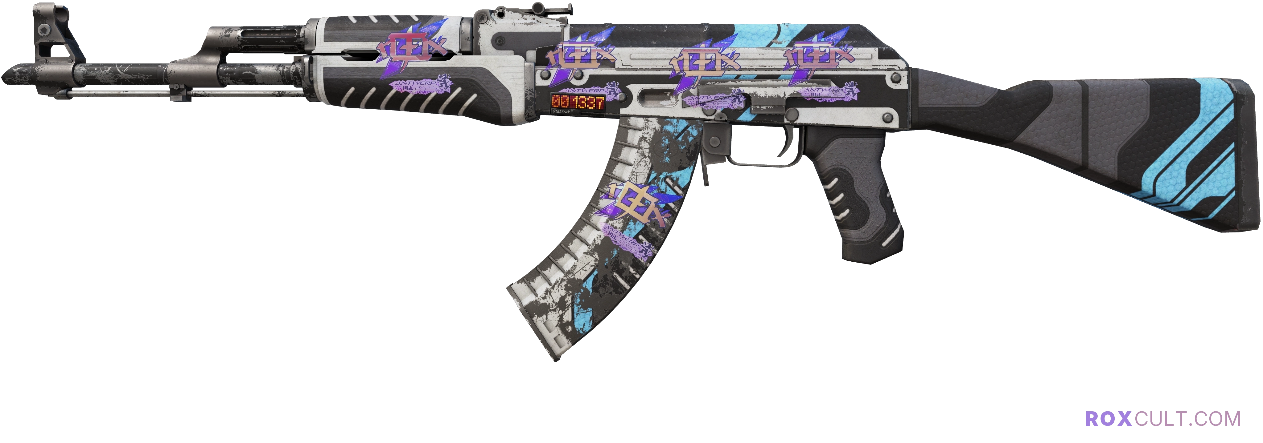 StatTrak™ AK-47 | Vulcan (Battle-Scarred) — rox (Holo) Antwerp 2022 craft, playside view with 5 rox (Holo) stickers