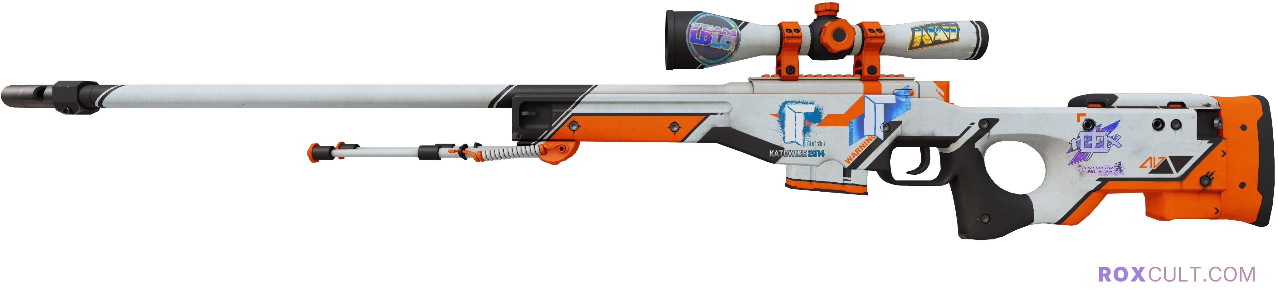 AWP | Asiimov (Field-Tested) — rox (Holo) Antwerp 2022 craft, playside view with 1 rox (Holo) sticker