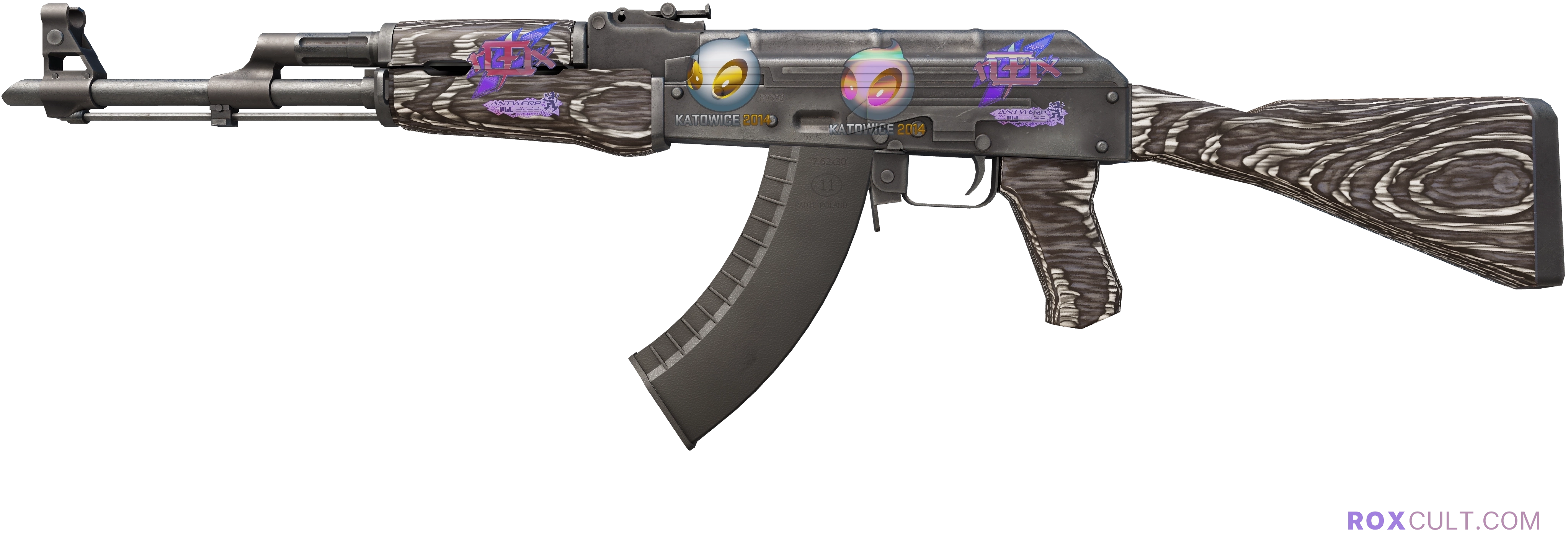 AK-47 | Black Laminate (Field-Tested) — rox (Holo) Antwerp 2022 craft, playside view with 2 rox (Holo) stickers