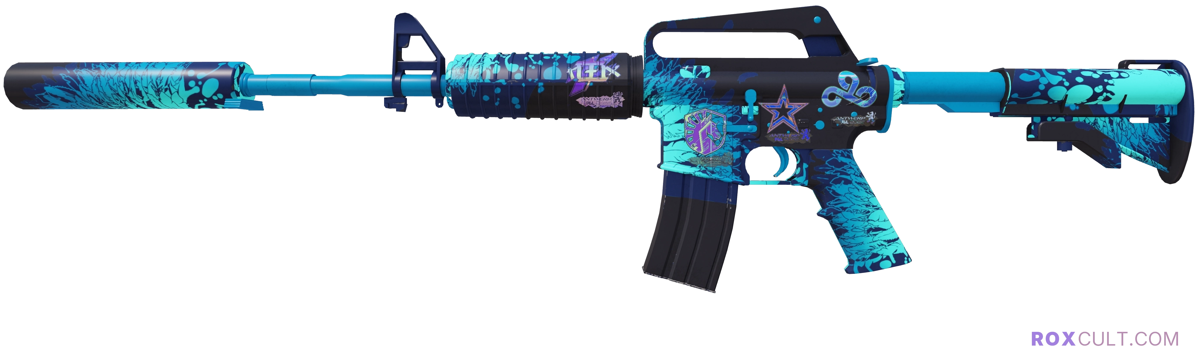 M4A1-S | Icarus Fell (Factory New) — rox (Holo) Antwerp 2022 craft, playside view with 1 rox (Holo) sticker
