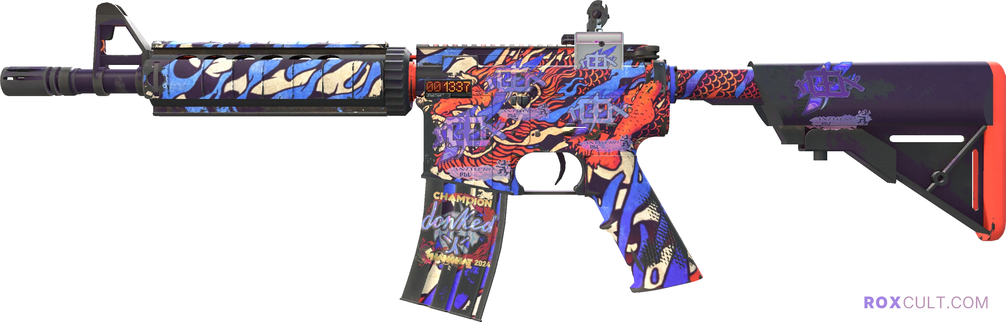 StatTrak™ M4A4 | 龍王 (Dragon King) (Field-Tested) — rox (Holo) Antwerp 2022 craft, playside view with 4 rox (Holo) stickers