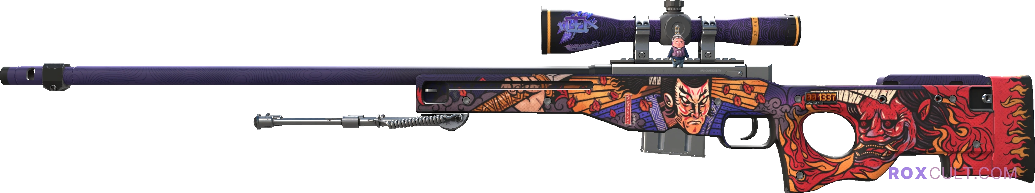 StatTrak™ AWP | Oni Taiji (Factory New) — rox (Holo) Antwerp 2022 craft, playside view with 1 rox (Holo) sticker