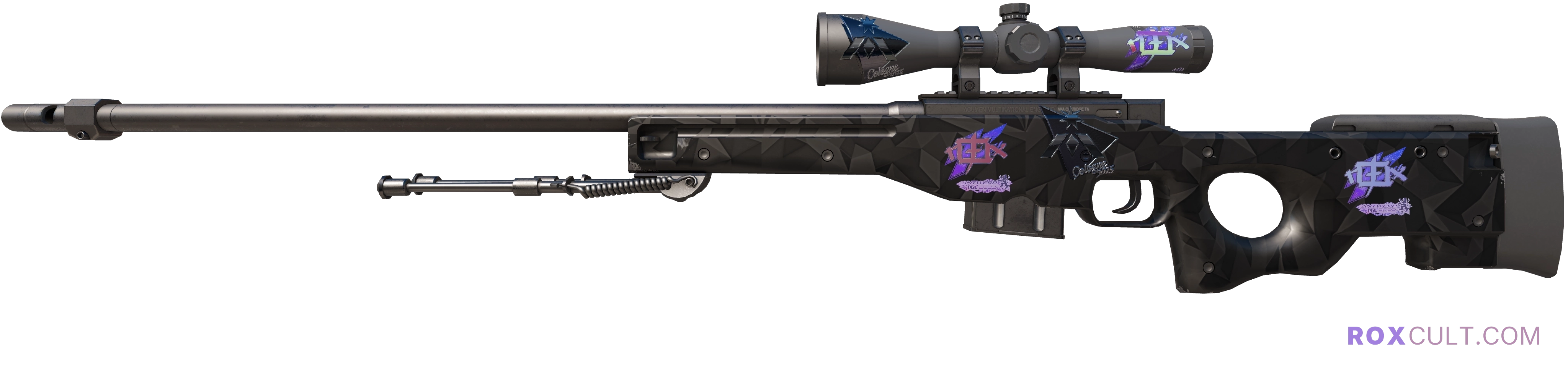 AWP | Graphite (Factory New) — rox (Holo) Antwerp 2022 craft, playside view with 3 rox (Holo) stickers