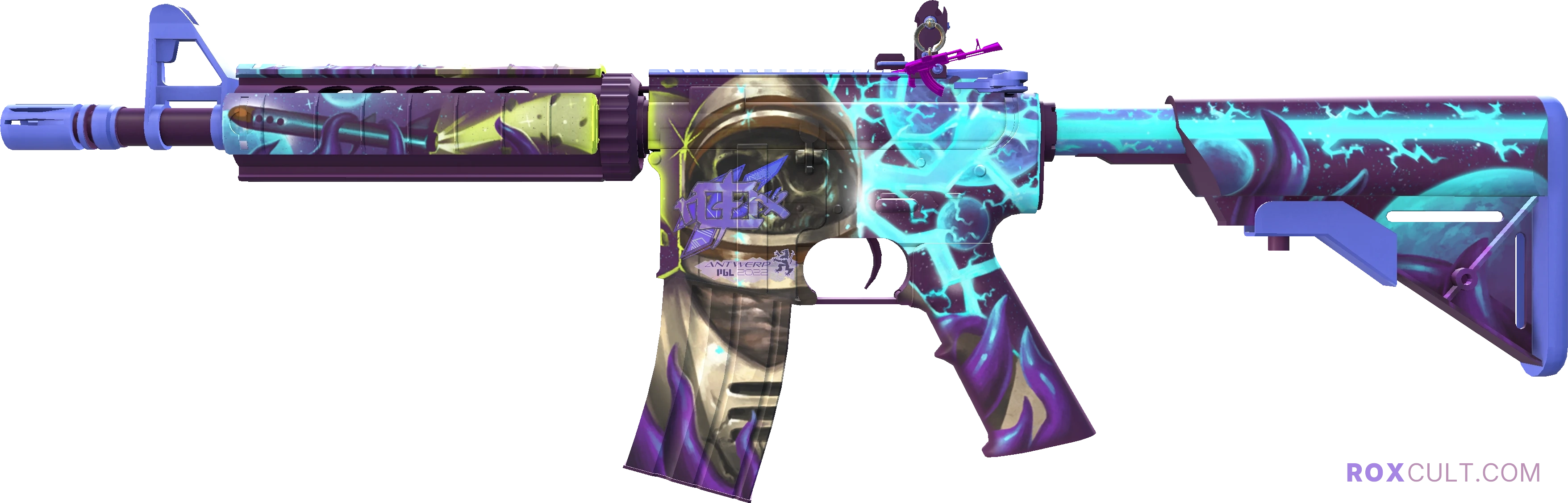 M4A4 | Desolate Space (Factory New) — rox (Holo) Antwerp 2022 craft, playside view with 1 rox (Holo) sticker