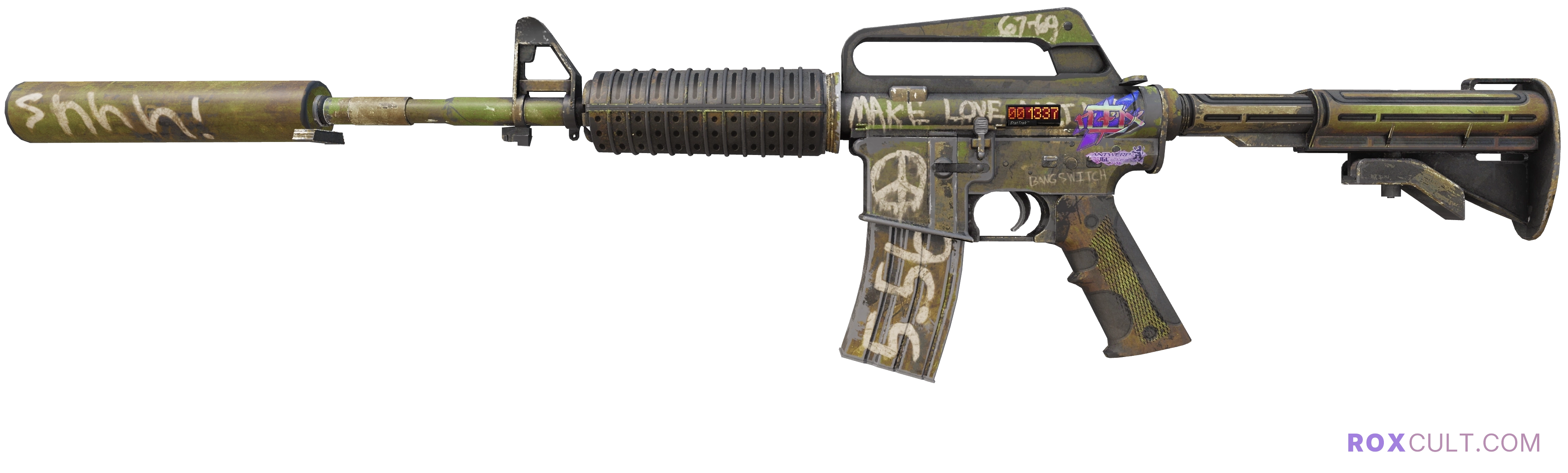 StatTrak™ M4A1-S | Flashback (Field-Tested) — rox (Holo) Antwerp 2022 craft, playside view with 1 rox (Holo) sticker