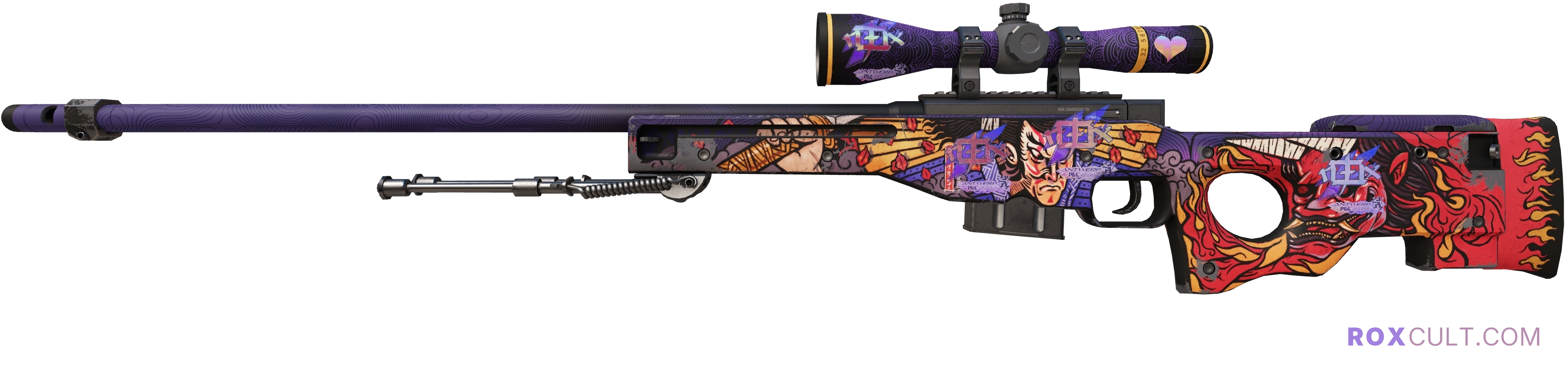 AWP | Oni Taiji (Field-Tested) — rox (Holo) Antwerp 2022 craft, playside view with 4 rox (Holo) stickers