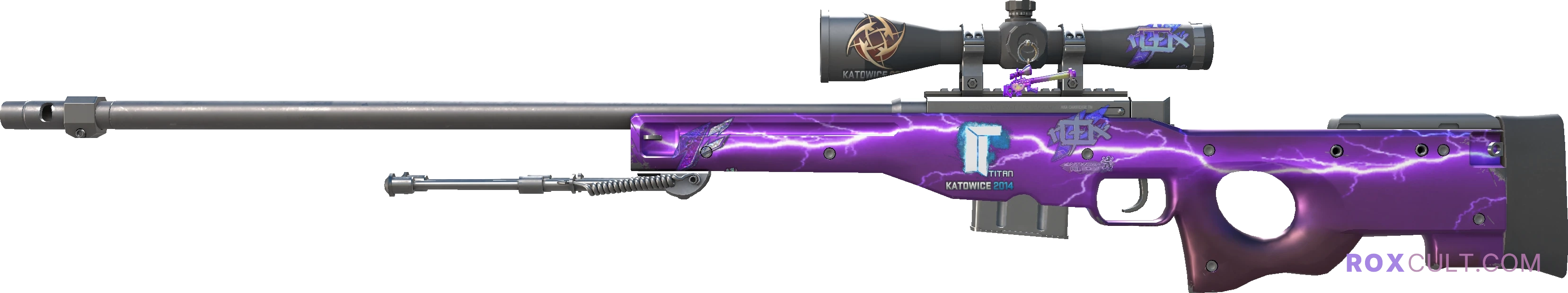 AWP | Lightning Strike (Factory New) — rox (Holo) Antwerp 2022 craft, playside view with 2 rox (Holo) stickers