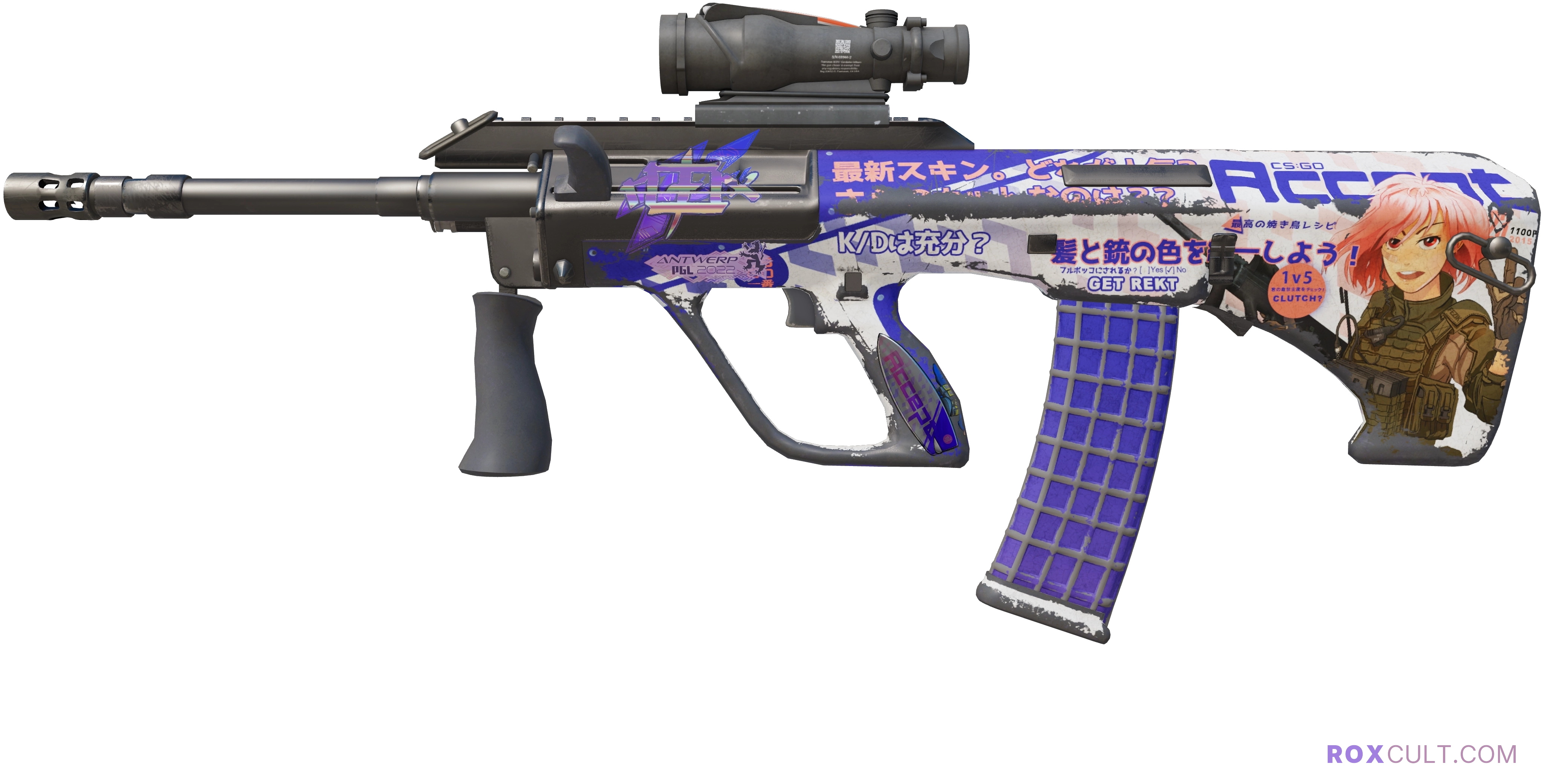 AUG | Akihabara Accept (Well-Worn) — rox (Holo) Antwerp 2022 craft, playside view with 1 rox (Holo) sticker