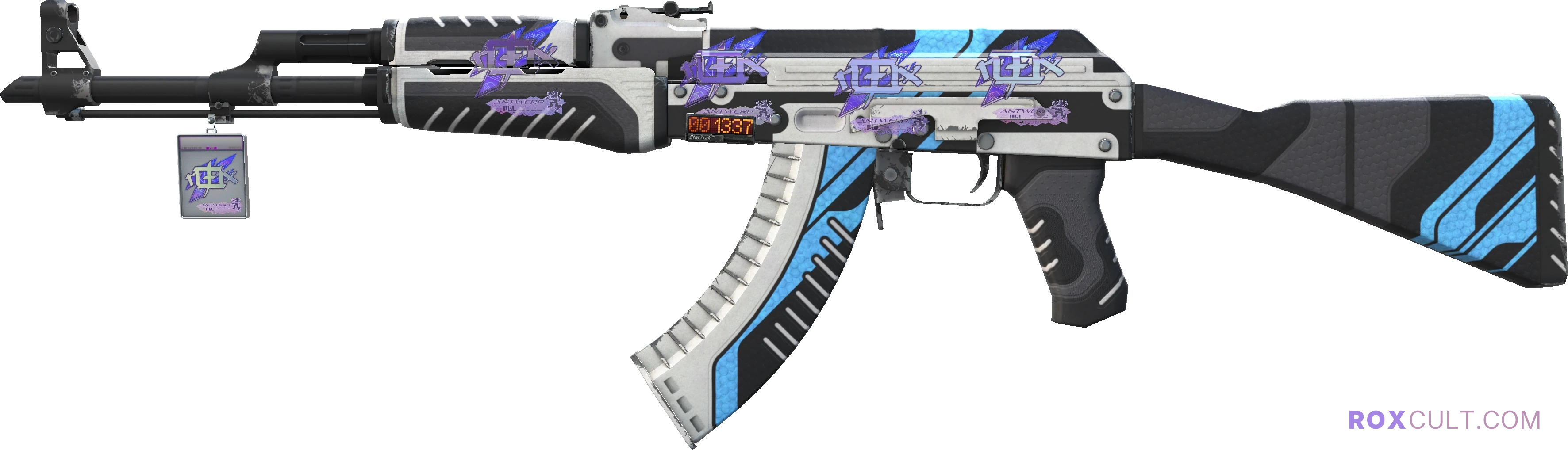 StatTrak™ AK-47 | Vulcan (Minimal Wear) — rox (Holo) Antwerp 2022 craft, playside view with 4 rox (Holo) stickers