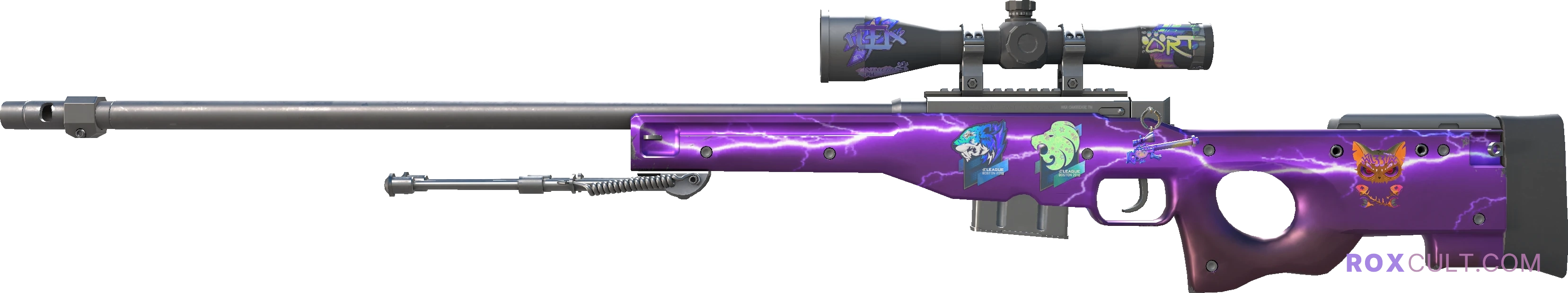 AWP | Lightning Strike (Factory New) — rox (Holo) Antwerp 2022 craft, playside view with 1 rox (Holo) sticker