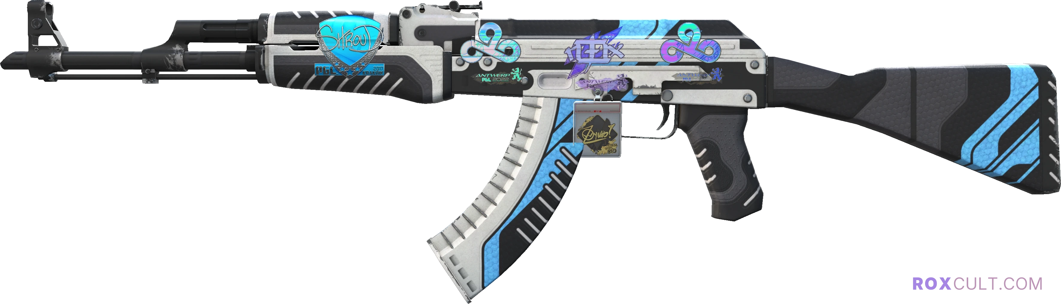 AK-47 | Vulcan (Minimal Wear) — rox (Holo) Antwerp 2022 craft, playside view with 1 rox (Holo) sticker