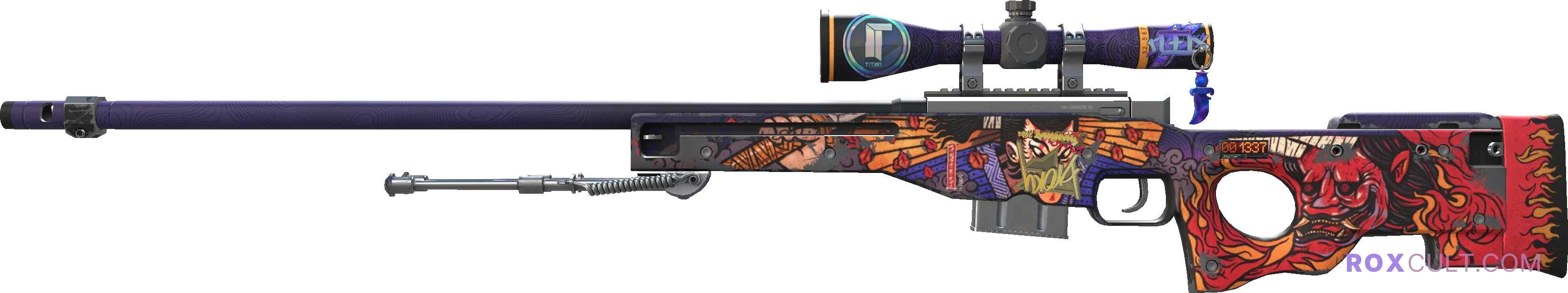 StatTrak™ AWP | Oni Taiji (Field-Tested) — rox (Holo) Antwerp 2022 craft, playside view with 1 rox (Holo) sticker