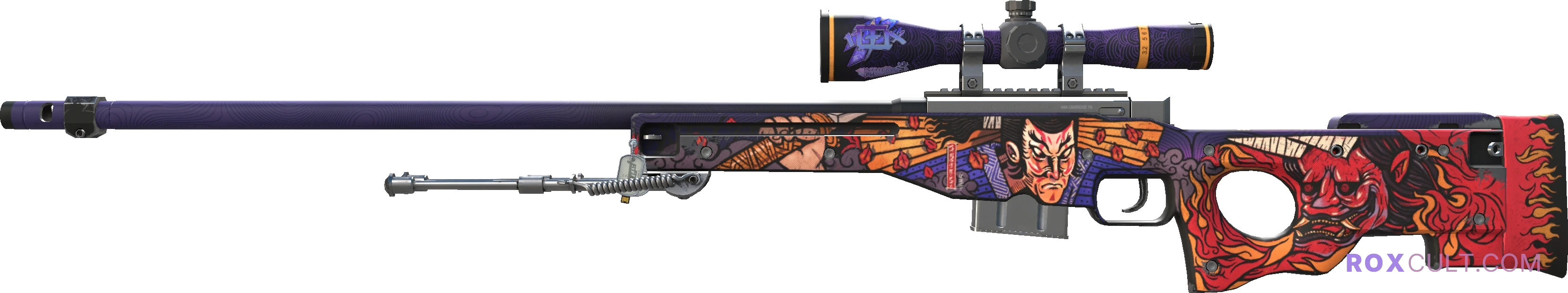 AWP | Oni Taiji (Minimal Wear) — rox (Holo) Antwerp 2022 craft, playside view with 1 rox (Holo) sticker