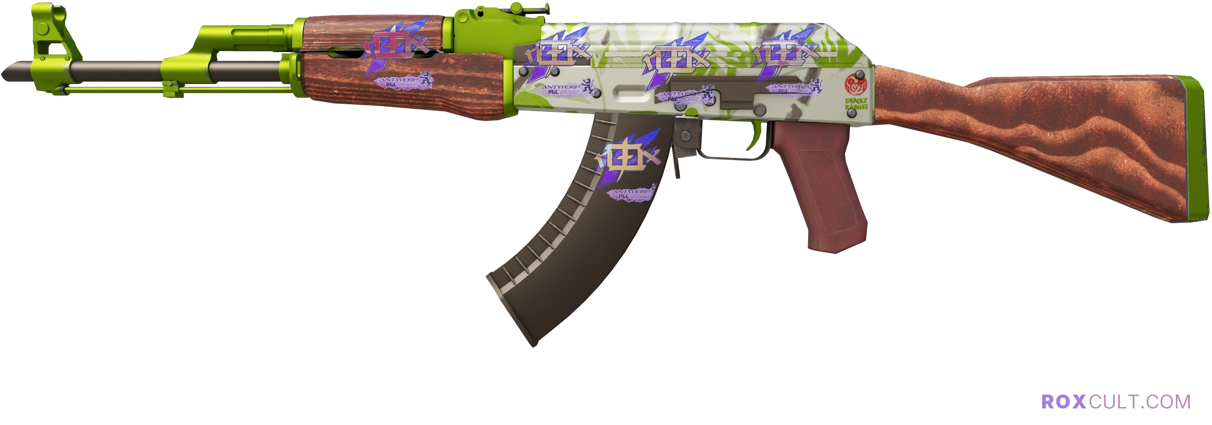 AK-47 | Hydroponic (Factory New) — rox (Holo) Antwerp 2022 craft, playside view with 5 rox (Holo) stickers