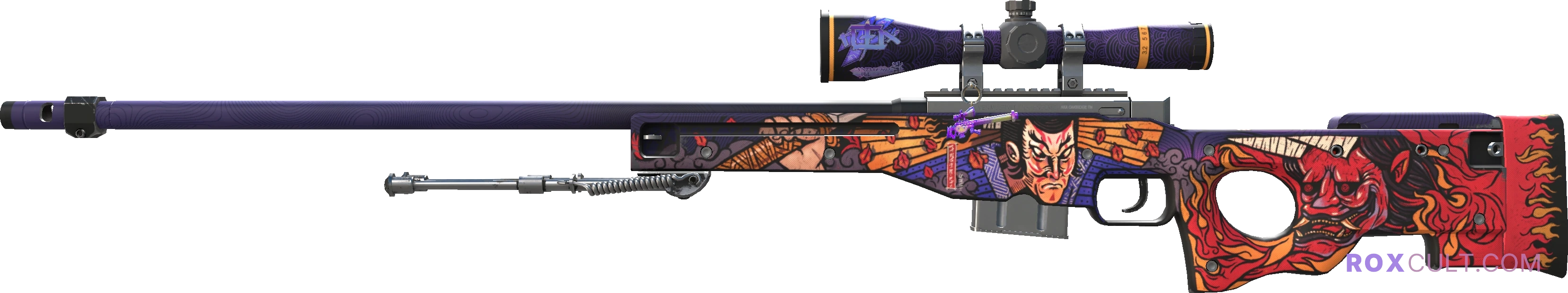 AWP | Oni Taiji (Factory New) — rox (Holo) Antwerp 2022 craft, playside view with 1 rox (Holo) sticker