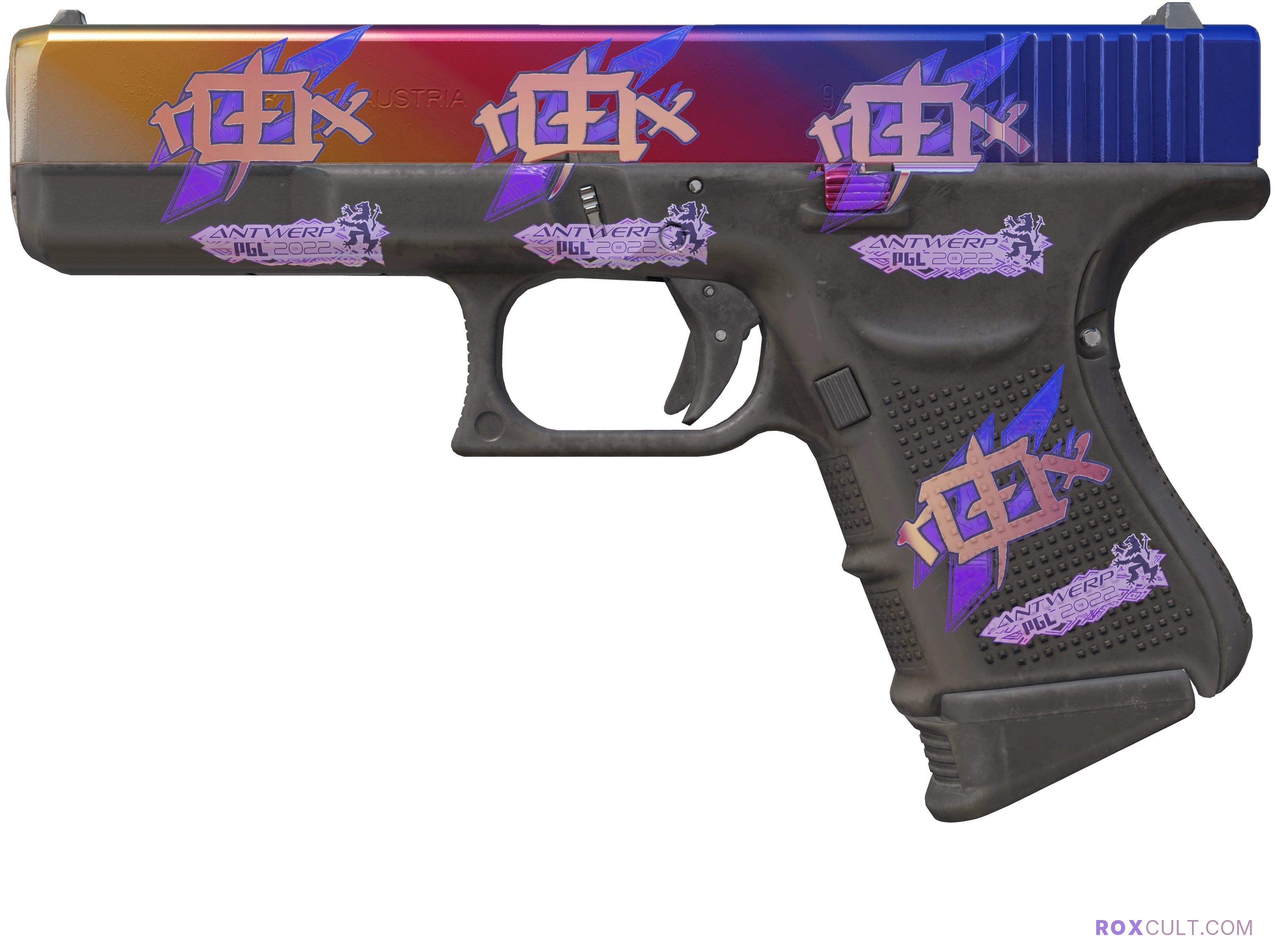 Glock-18 | Fade (Factory New) — rox (Holo) Antwerp 2022 craft, playside view with 4 rox (Holo) stickers