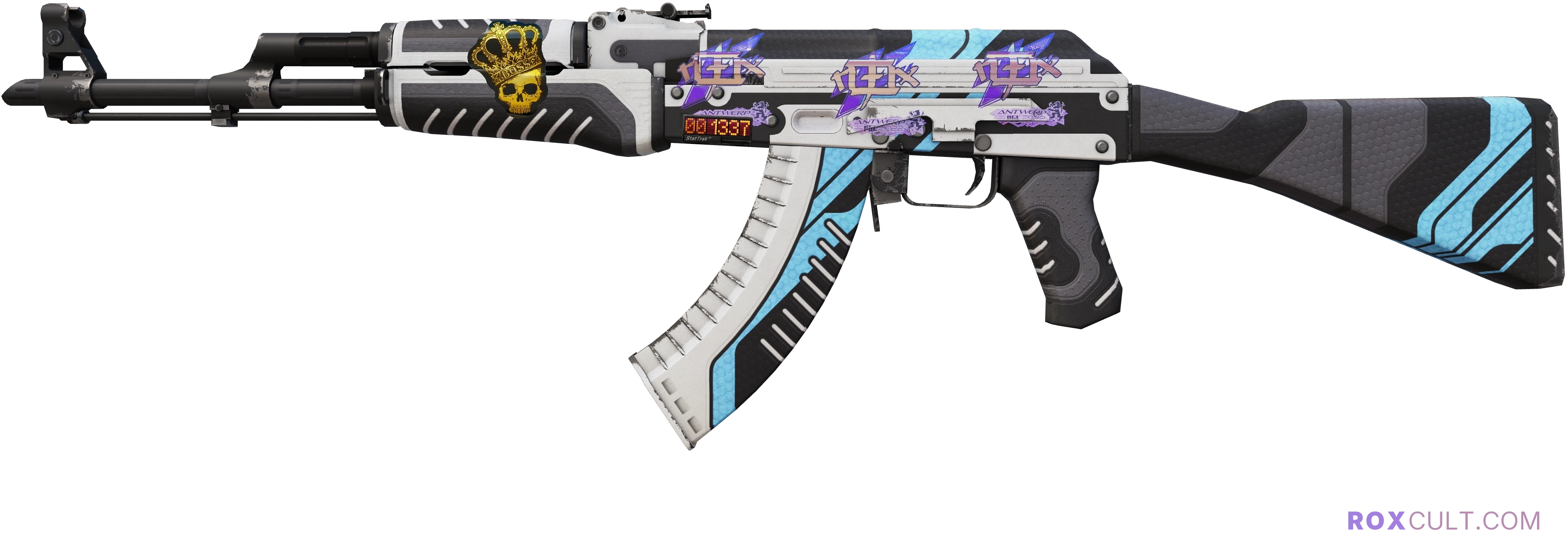 StatTrak™ AK-47 | Vulcan (Minimal Wear) — rox (Holo) Antwerp 2022 craft, playside view with 3 rox (Holo) stickers