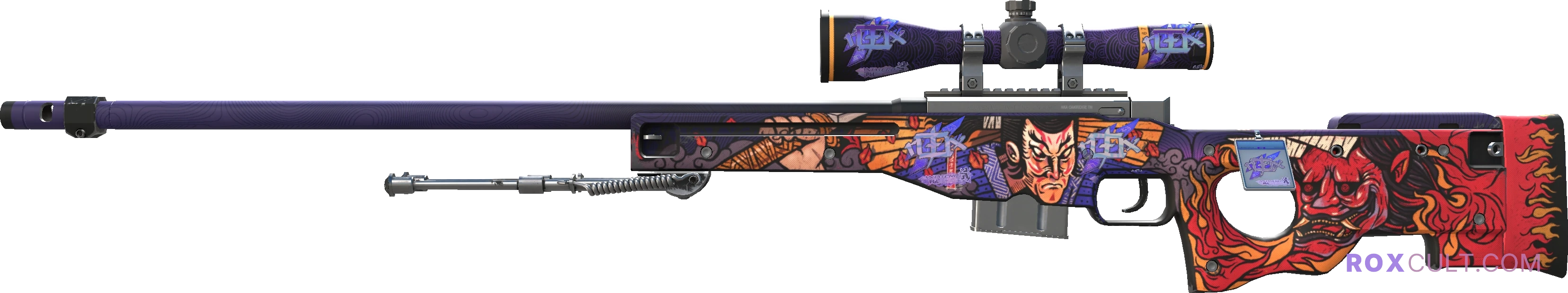 AWP | Oni Taiji (Factory New) — rox (Holo) Antwerp 2022 craft, playside view with 4 rox (Holo) stickers