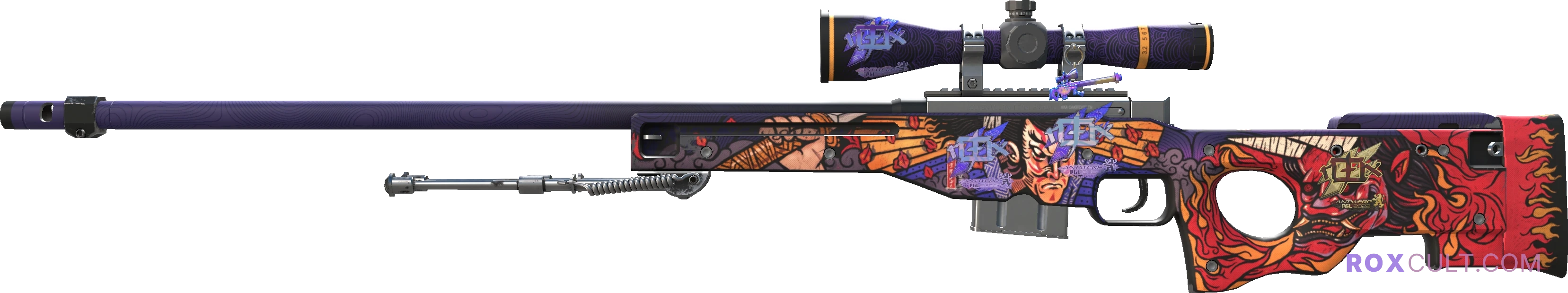 AWP | Oni Taiji (Factory New) — rox (Holo) Antwerp 2022 craft, playside view with 3 rox (Holo) stickers