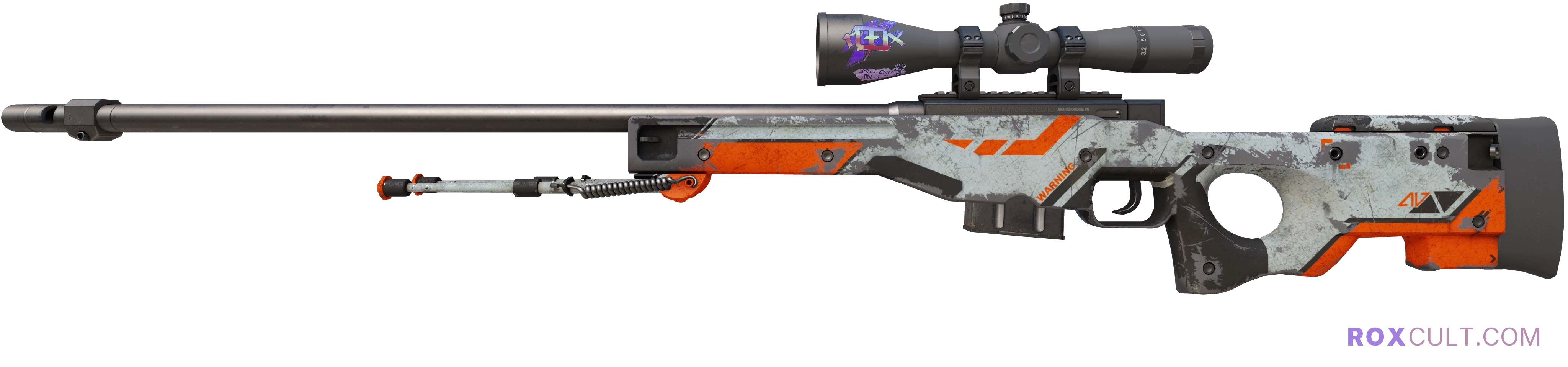 AWP | Asiimov (Battle-Scarred) — rox (Holo) Antwerp 2022 craft, playside view with 1 rox (Holo) sticker