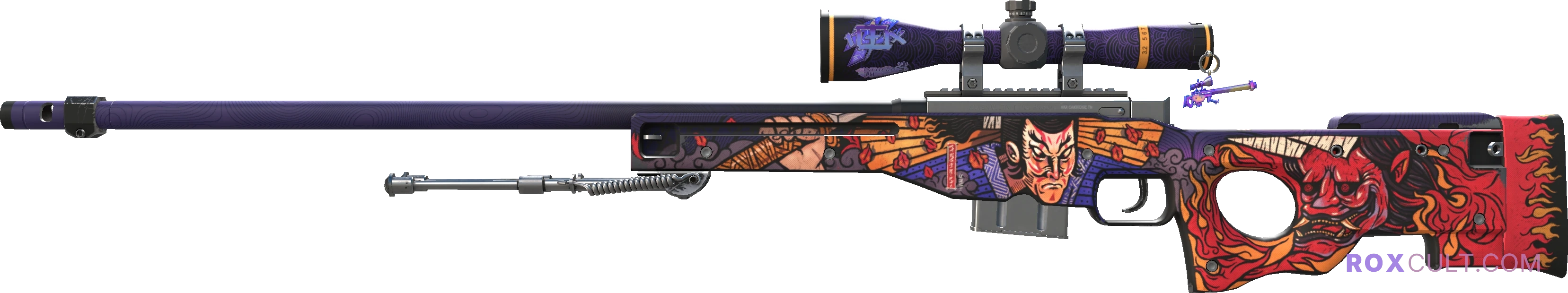 AWP | Oni Taiji (Minimal Wear) — rox (Holo) Antwerp 2022 craft, playside view with 1 rox (Holo) sticker
