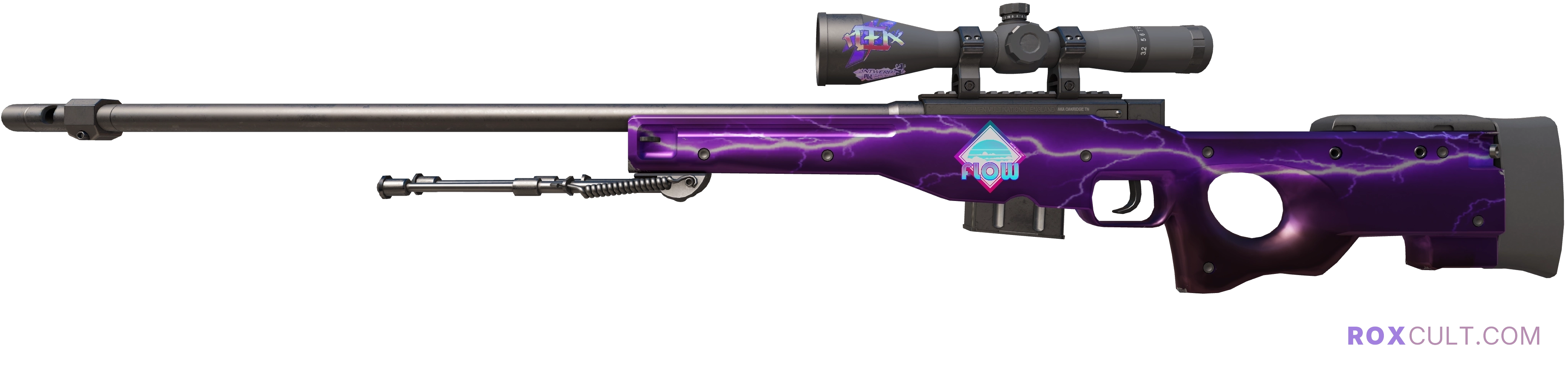 AWP | Lightning Strike (Factory New) — rox (Holo) Antwerp 2022 craft, playside view with 1 rox (Holo) sticker