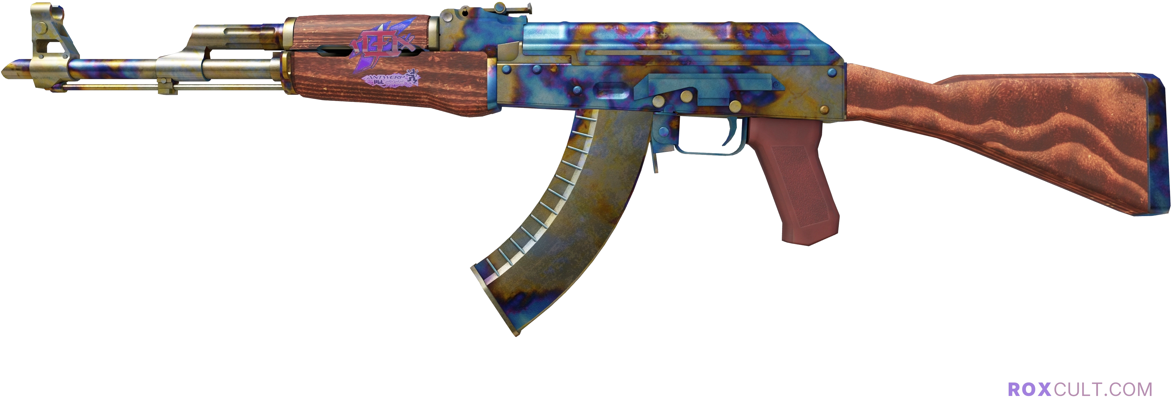 AK-47 | Case Hardened (Field-Tested) — rox (Holo) Antwerp 2022 craft, playside view with 1 rox (Holo) sticker