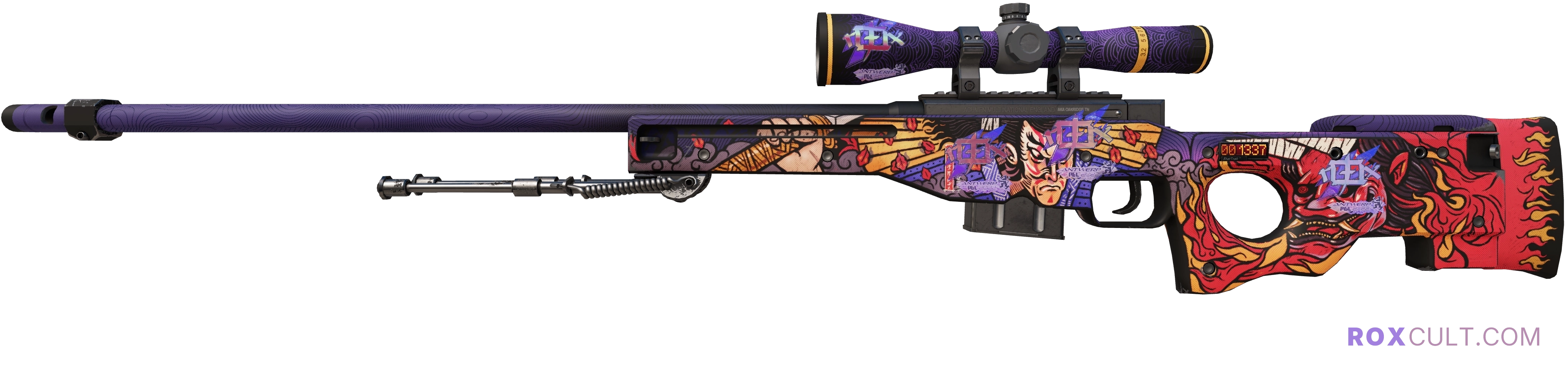 StatTrak™ AWP | Oni Taiji (Factory New) — rox (Holo) Antwerp 2022 craft, playside view with 4 rox (Holo) stickers