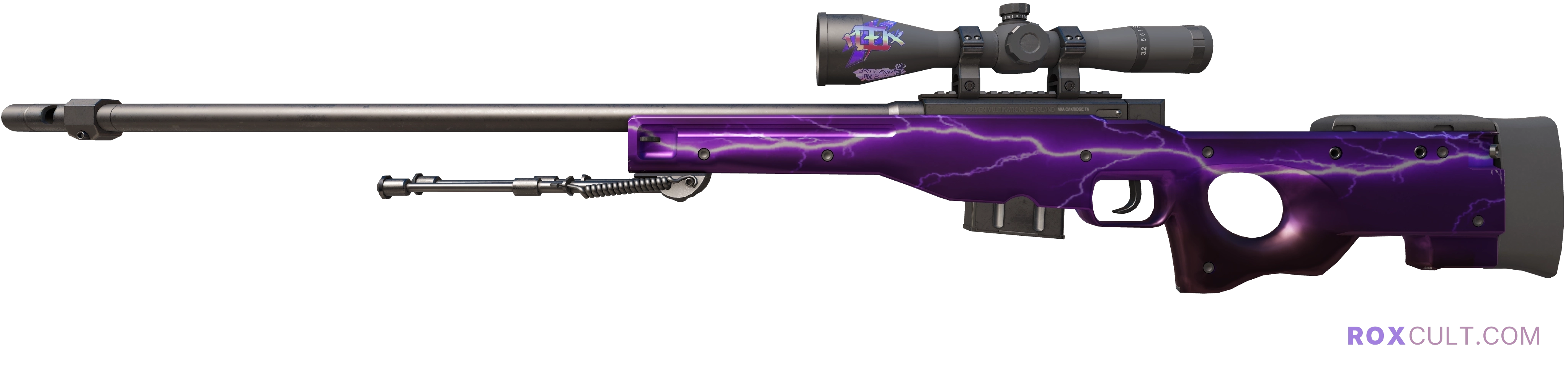 AWP | Lightning Strike (Factory New) — rox (Holo) Antwerp 2022 craft, playside view with 1 rox (Holo) sticker