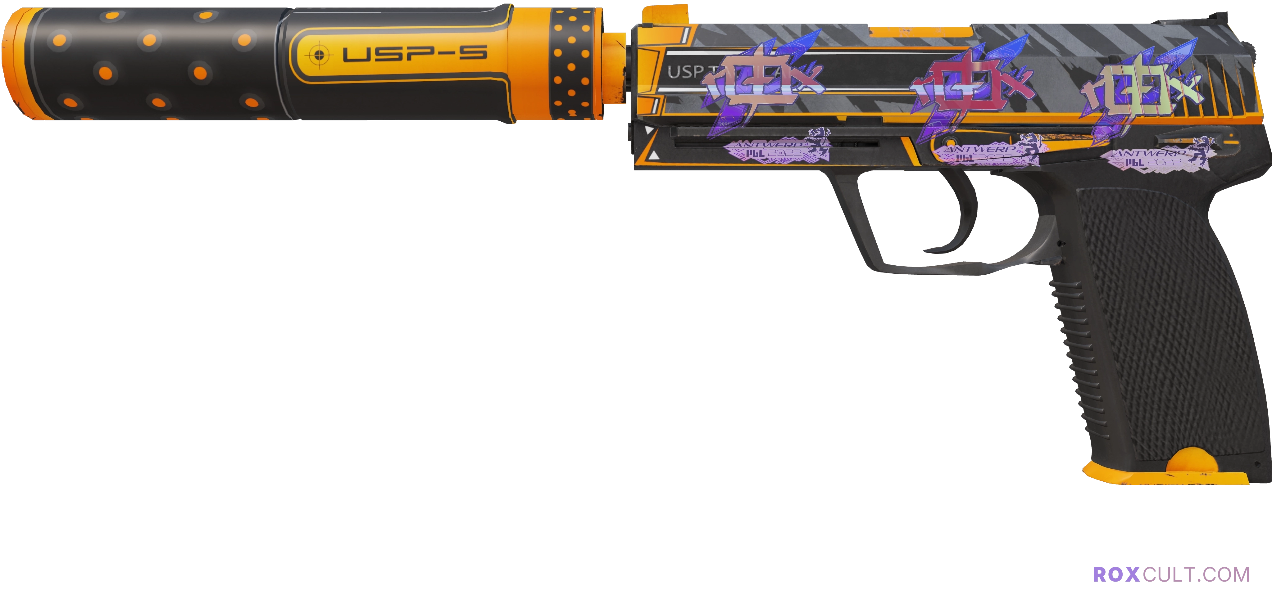 USP-S | Orion (Factory New) — rox (Holo) Antwerp 2022 craft, playside view with 3 rox (Holo) stickers