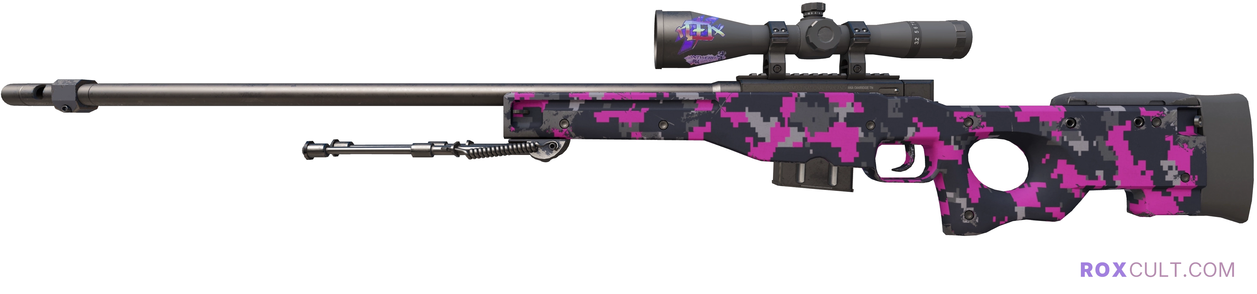 AWP | Pink DDPAT (Minimal Wear) — rox (Holo) Antwerp 2022 craft, playside view with 1 rox (Holo) sticker