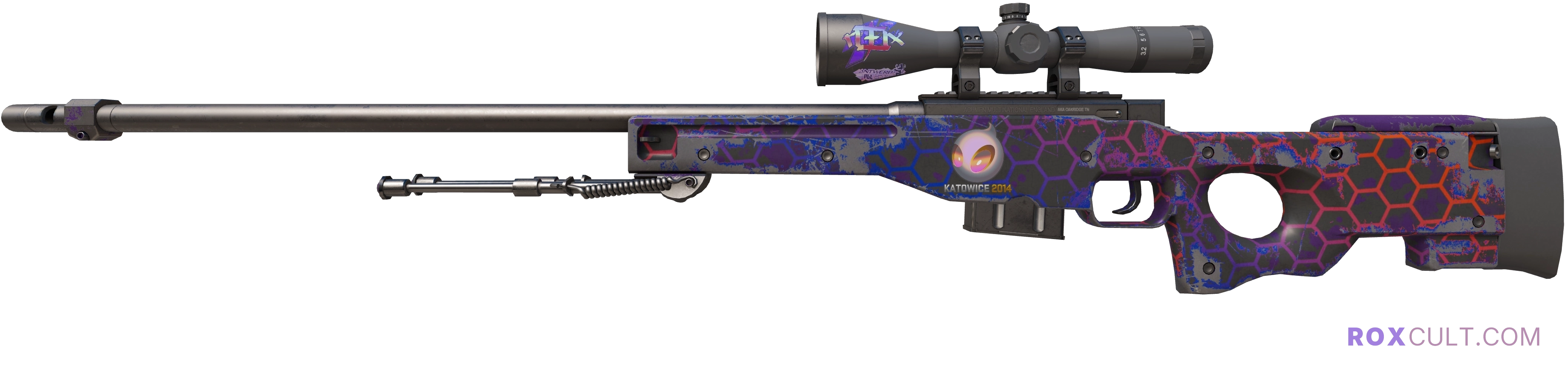 AWP | Electric Hive (Field-Tested) — rox (Holo) Antwerp 2022 craft, playside view with 1 rox (Holo) sticker