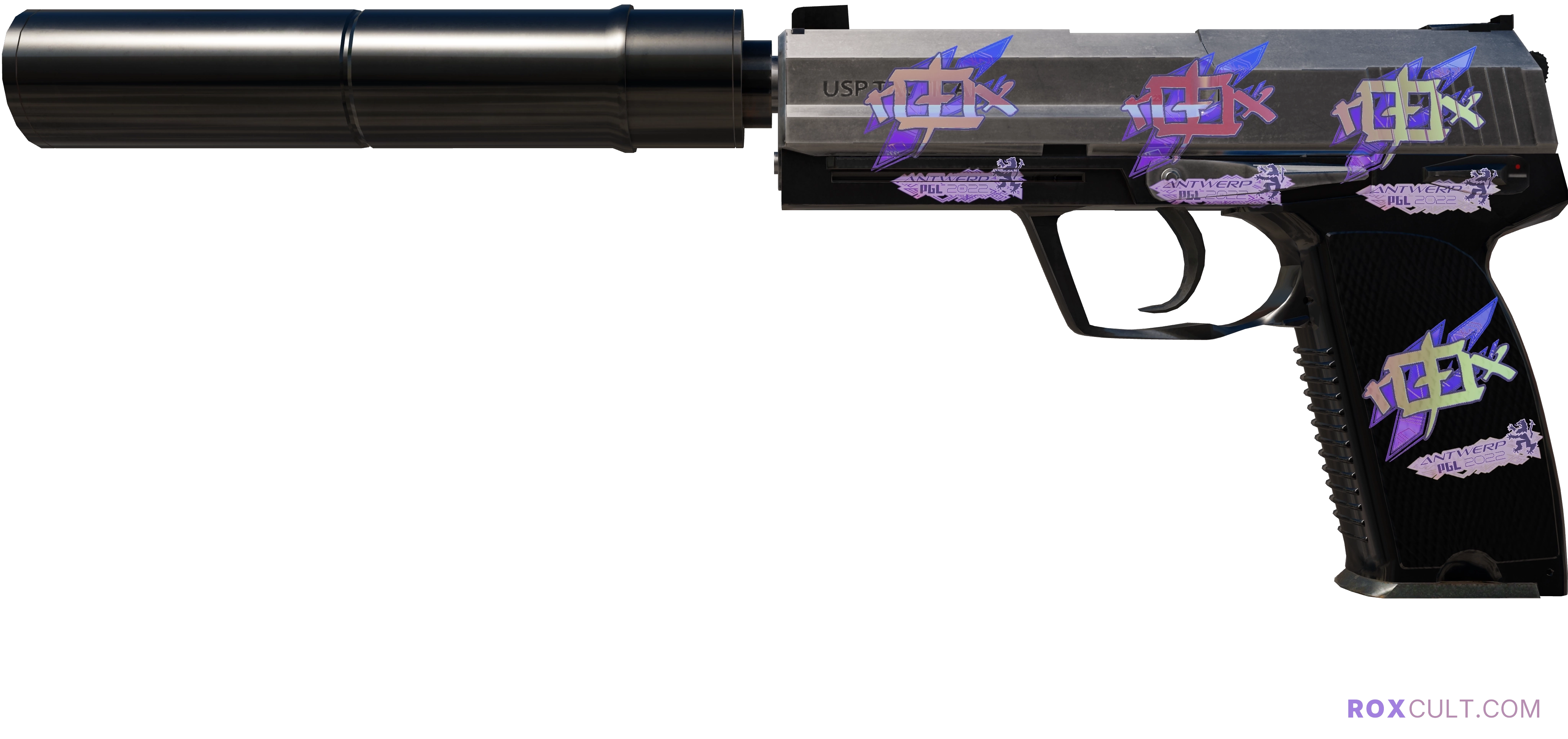 USP-S | Stainless (Factory New) — rox (Holo) Antwerp 2022 craft, playside view with 4 rox (Holo) stickers