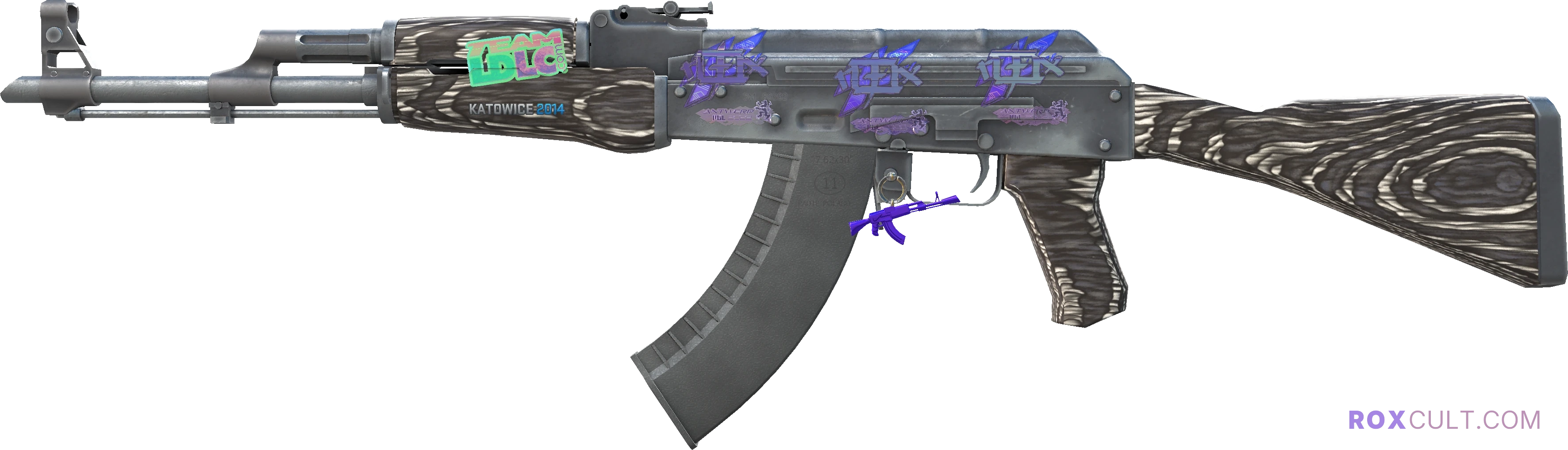 AK-47 | Black Laminate (Field-Tested) — rox (Holo) Antwerp 2022 craft, playside view with 3 rox (Holo) stickers