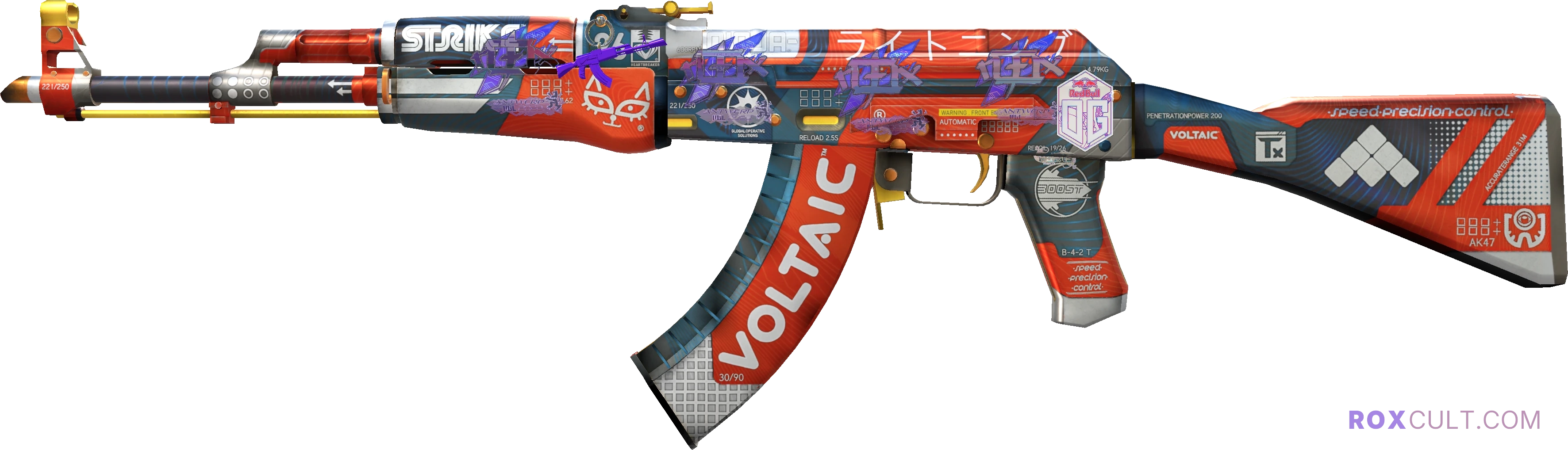 AK-47 | Bloodsport (Factory New) — rox (Holo) Antwerp 2022 craft, playside view with 4 rox (Holo) stickers