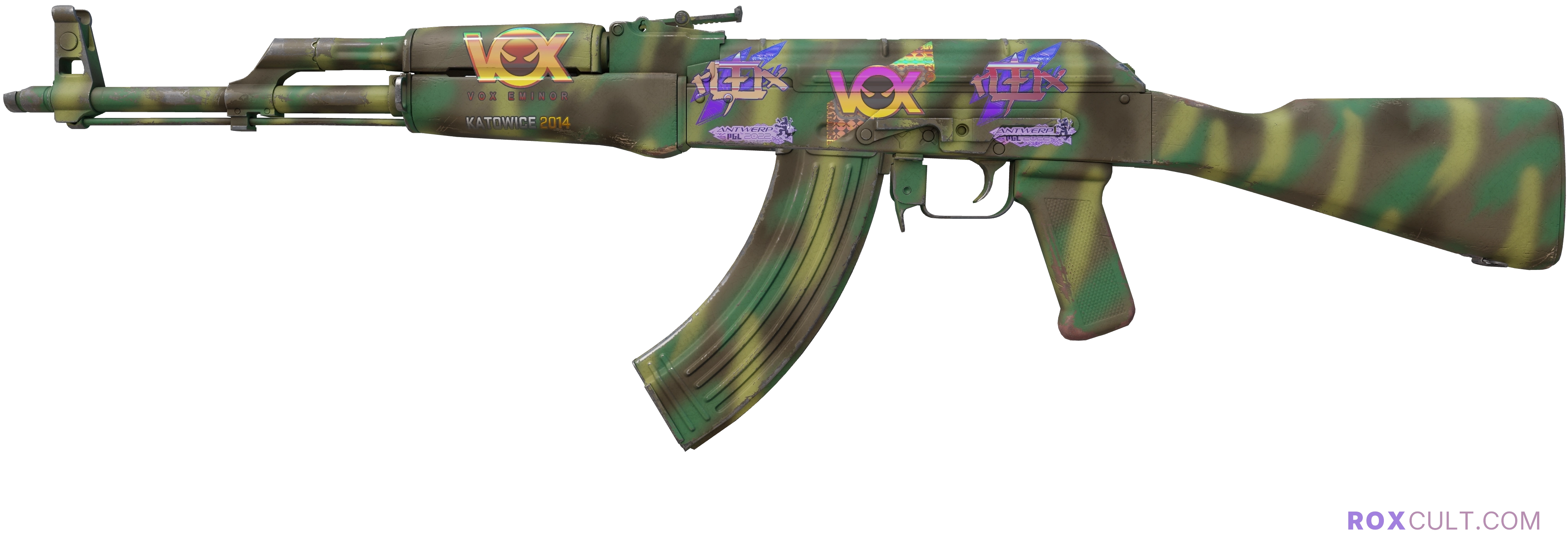 AK-47 | Jungle Spray (Minimal Wear) — rox (Holo) Antwerp 2022 craft, playside view with 2 rox (Holo) stickers