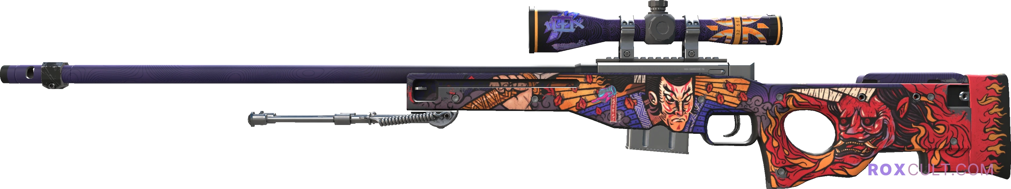 AWP | Oni Taiji (Minimal Wear) — rox (Holo) Antwerp 2022 craft, playside view with 1 rox (Holo) sticker