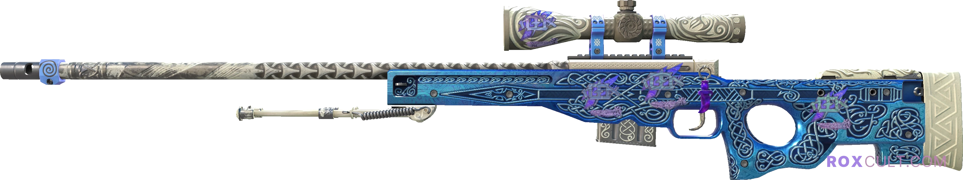 AWP | Gungnir (Field-Tested) — rox (Holo) Antwerp 2022 craft, playside view with 4 rox (Holo) stickers