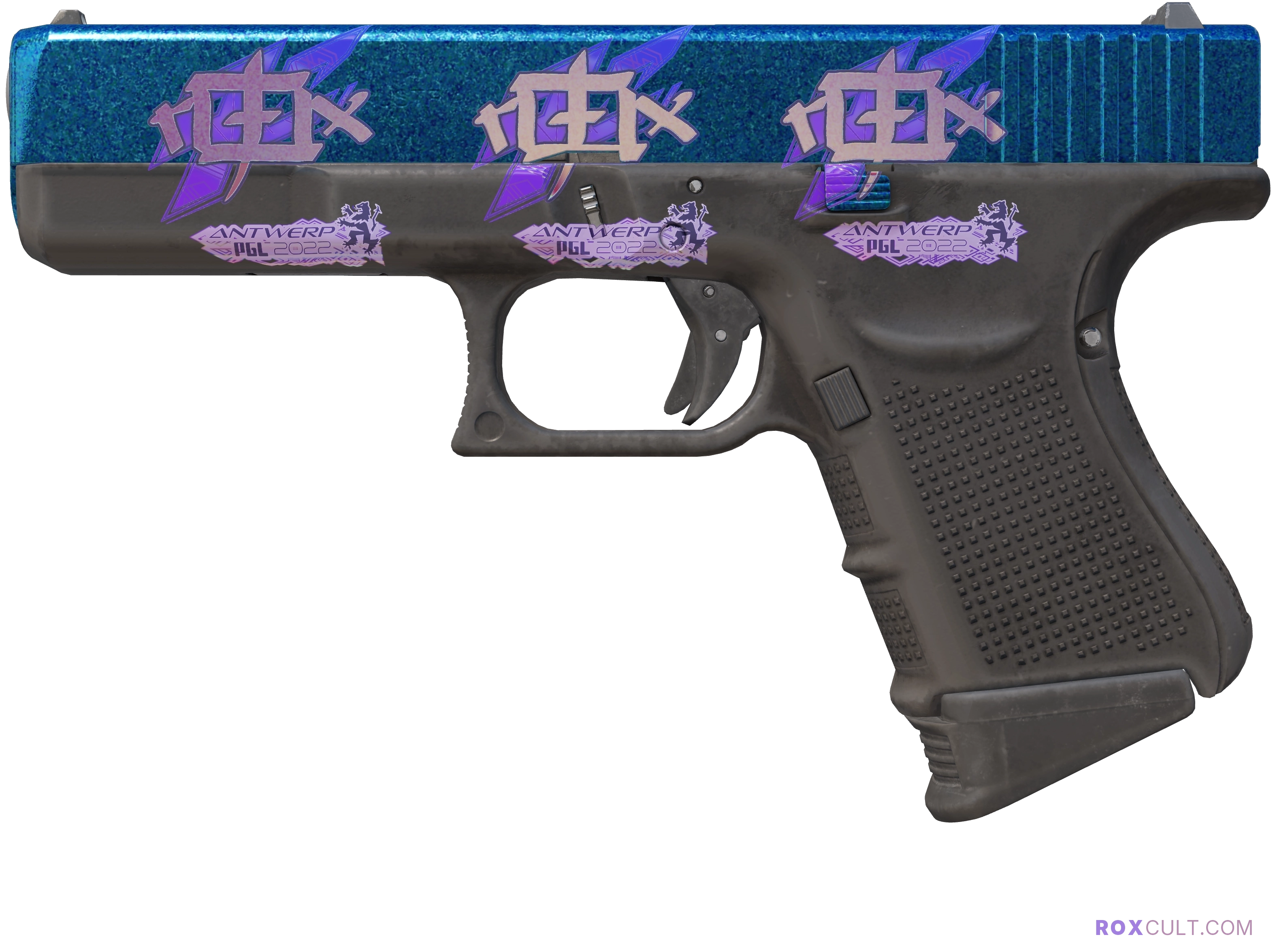 Glock-18 | Twilight Galaxy (Factory New) — rox (Holo) Antwerp 2022 craft, playside view with 3 rox (Holo) stickers