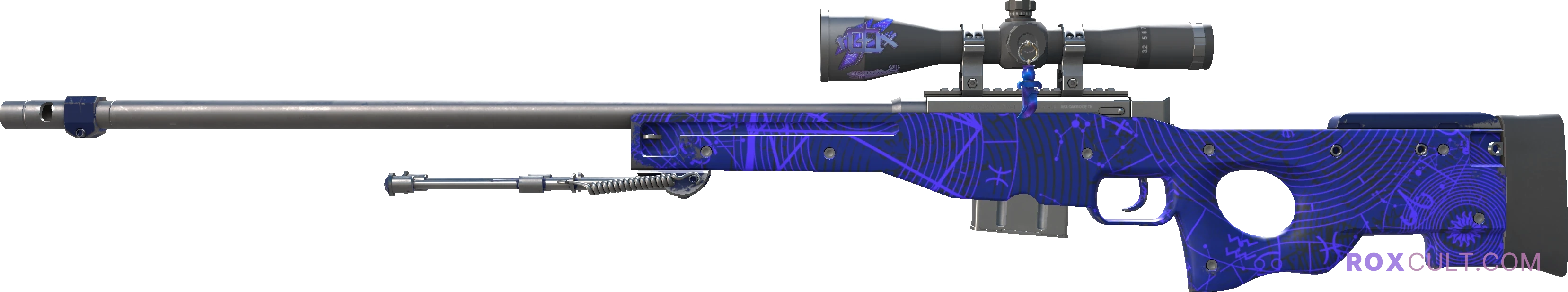 AWP | Sun in Leo (Minimal Wear) — rox (Holo) Antwerp 2022 craft, playside view with 1 rox (Holo) sticker