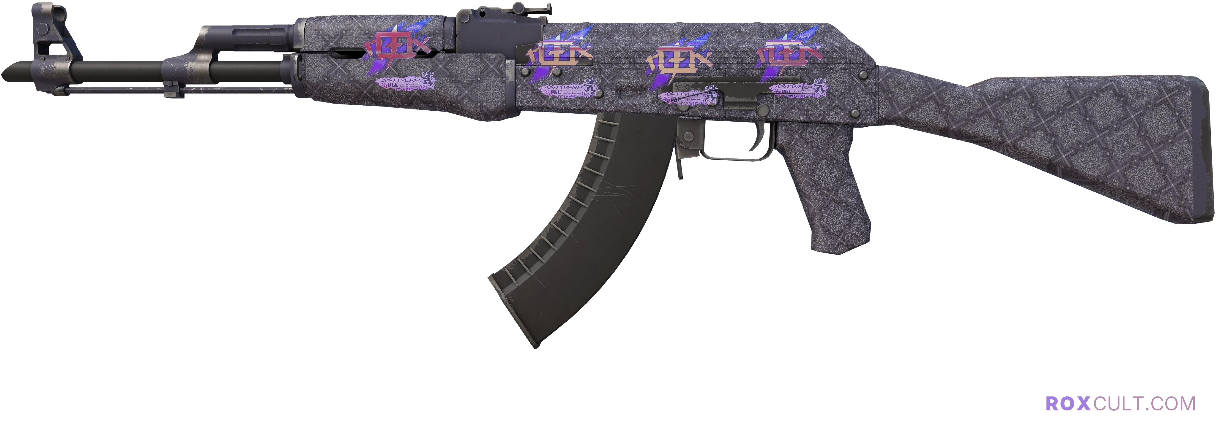 AK-47 | Baroque Purple (Field-Tested) — rox (Holo) Antwerp 2022 craft, playside view with 4 rox (Holo) stickers