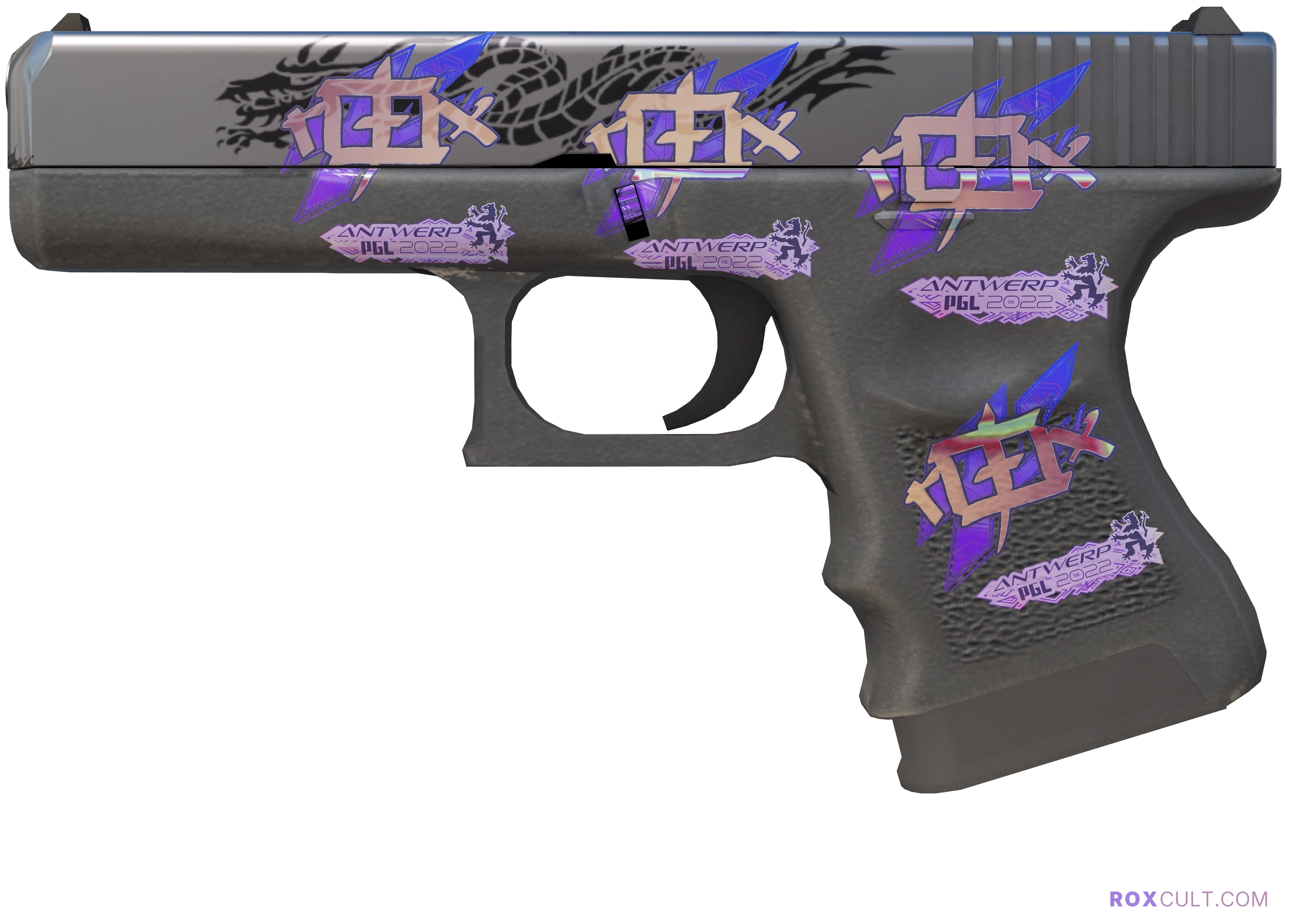 Glock-18 | Dragon Tattoo (Factory New) — rox (Holo) Antwerp 2022 craft, playside view with 4 rox (Holo) stickers