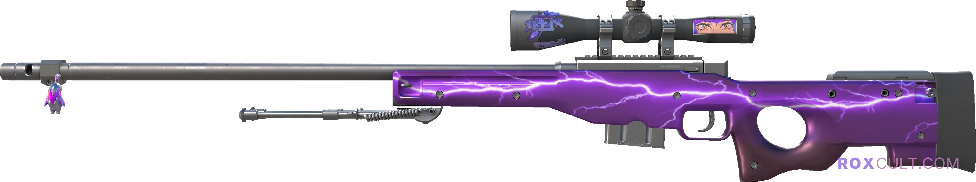 AWP | Lightning Strike (Factory New) — rox (Holo) Antwerp 2022 craft, playside view with 1 rox (Holo) sticker