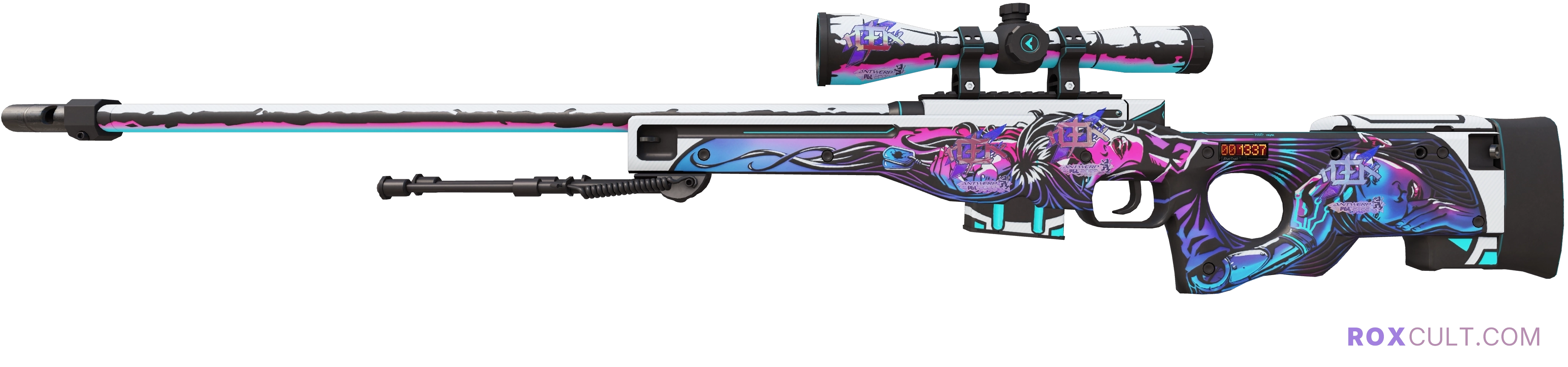 StatTrak™ AWP | Neo-Noir (Factory New) — rox (Holo) Antwerp 2022 craft, playside view with 4 rox (Holo) stickers