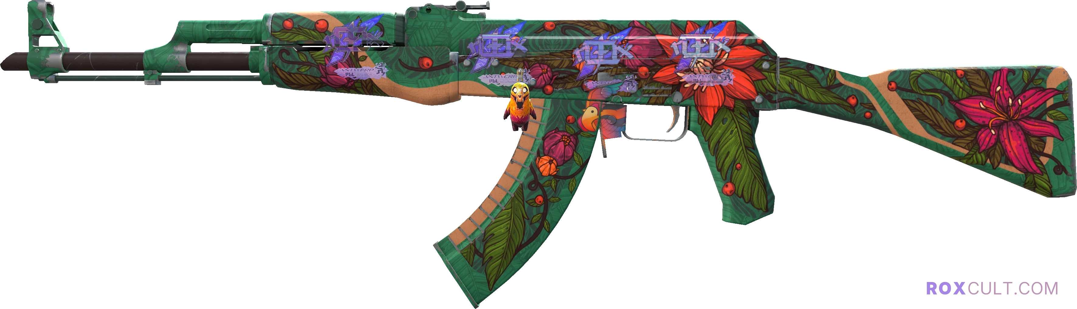 AK-47 | Wild Lotus (Field-Tested) — rox (Holo) Antwerp 2022 craft, playside view with 4 rox (Holo) stickers
